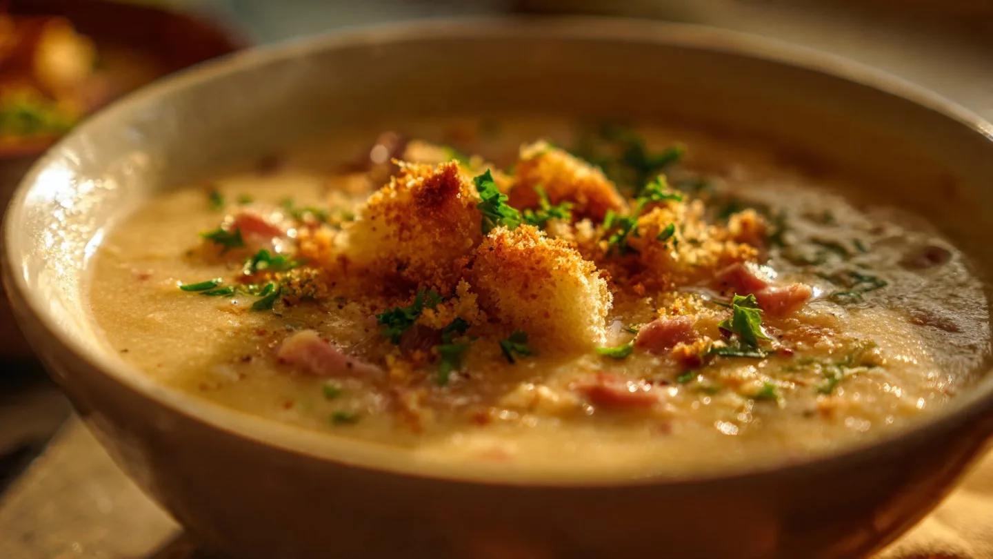 Chicken Cordon Bleu Soup Chicken Cordon Bleu Delicious Chicken Cordon Bleu Soup in a bowl, garnished with herbs.