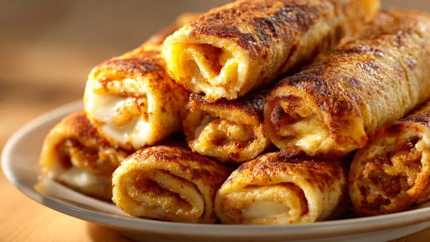 Grilled cheese roll-ups served on a plate with melted cheese
