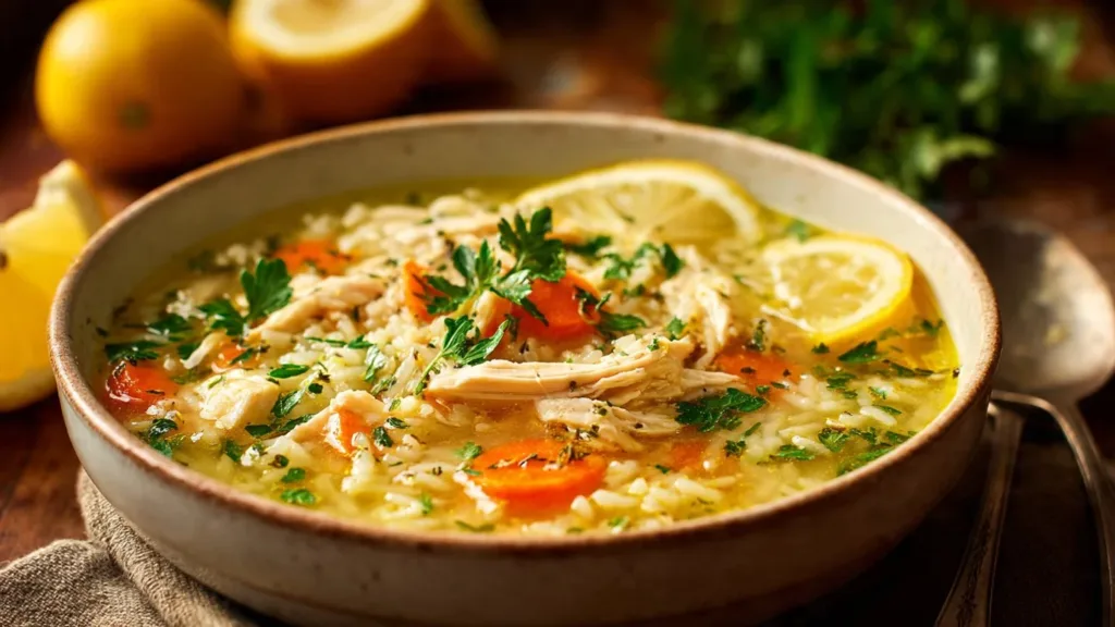 Bowl of Lemon Ginger Turmeric Chicken Soup with rice and fresh herbs