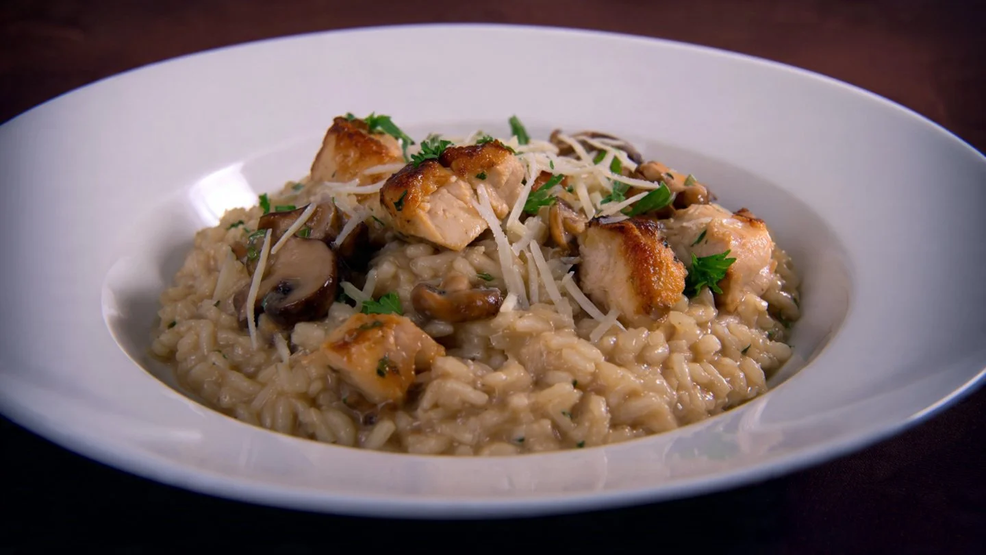 Mushroom Gruyère Chicken Casserole Chicken Casserole Delicious Mushroom Gruyère Chicken Casserole served in a baking dish.