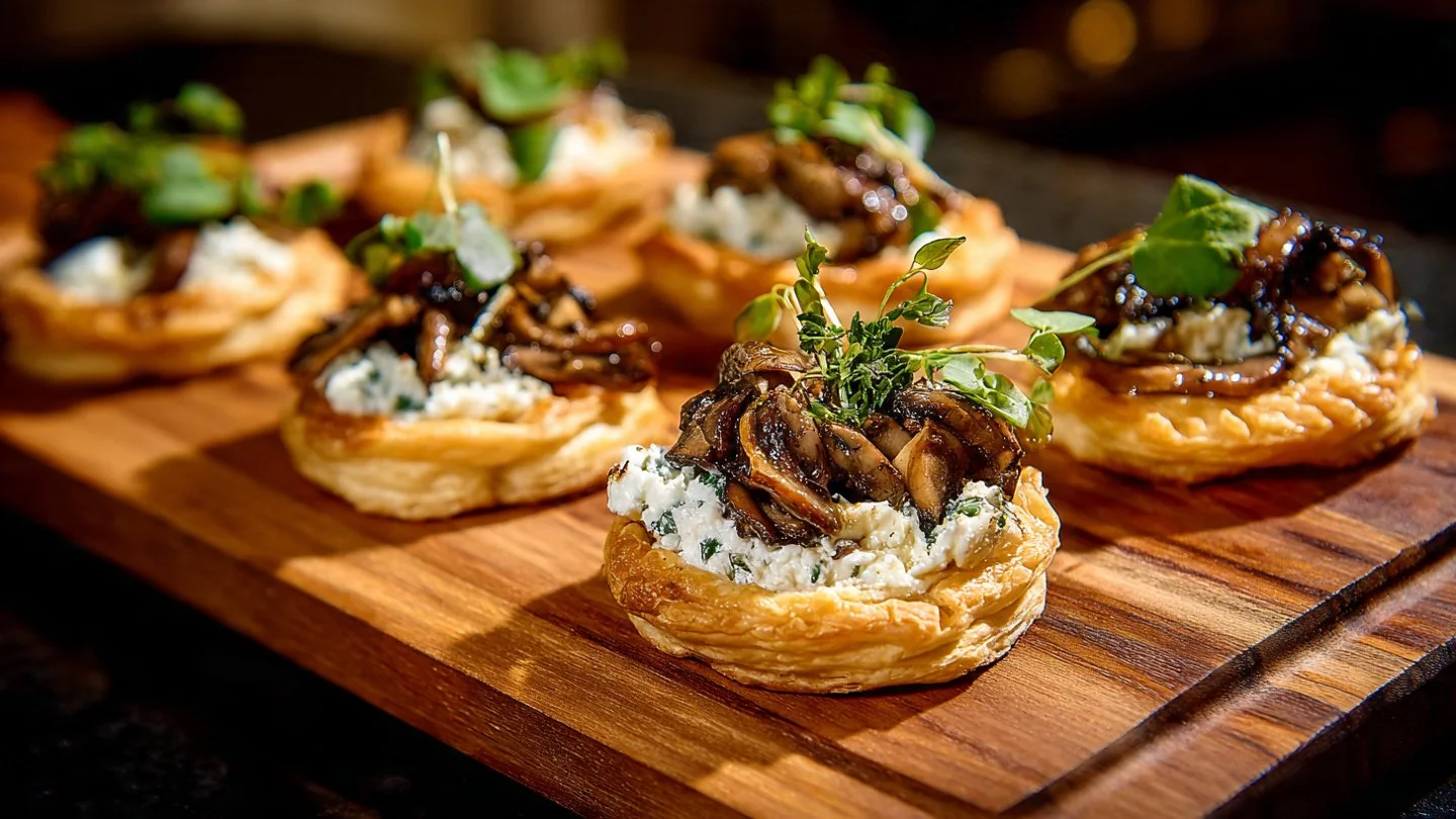 Mushroom herbed goat cheese tarts with shallots on a serving platter