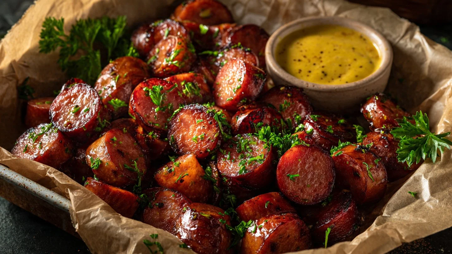 Delicious Mustard Hasselback Kielbasa Bites served on a platter