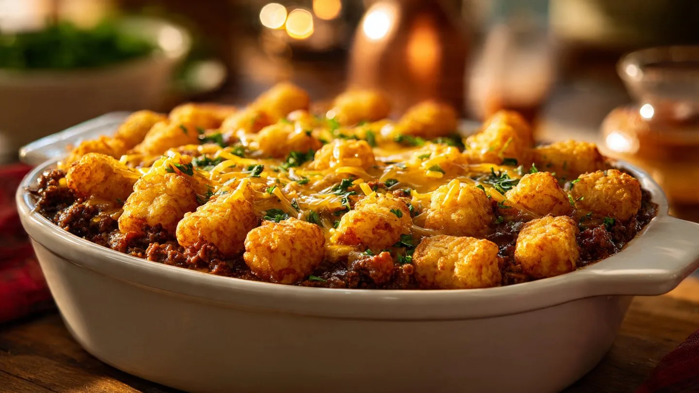 Cowboy Casserole Cowboy Casserole Delicious Cowboy Casserole served in a rustic dish, featuring a blend of ground beef and creamy toppings.