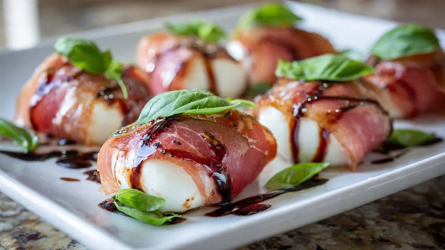 Delicious prosciutto wrapped mozzarella bites on a platter