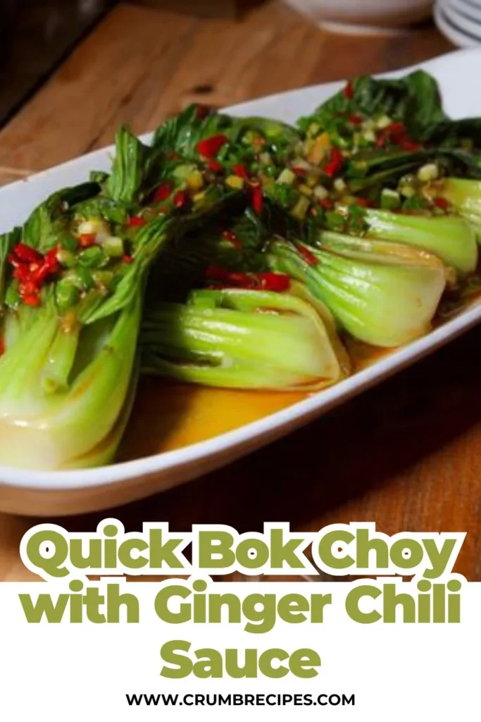 Quick Bok Choy stir-fried with ginger chili sauce garnished with green onions.