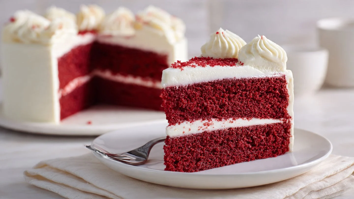 Slice of red velvet cake with cream cheese frosting on a decorative plate