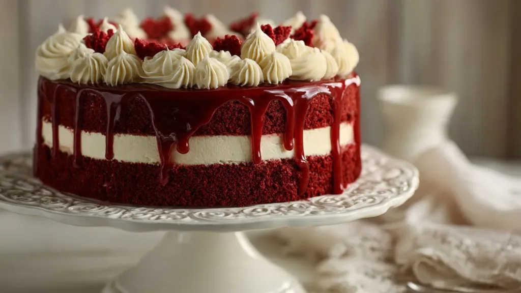 Decadent Red Velvet Cheesecake Layer Cake with cream cheese frosting