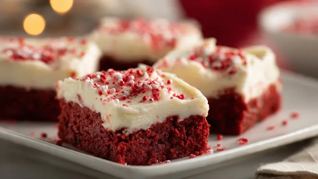Homemade Red Velvet Cookie Bars topped with cream cheese frosting
