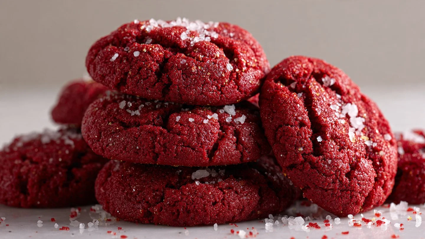 Baked Red Velvet Cookies with cream cheese frosting on a plate