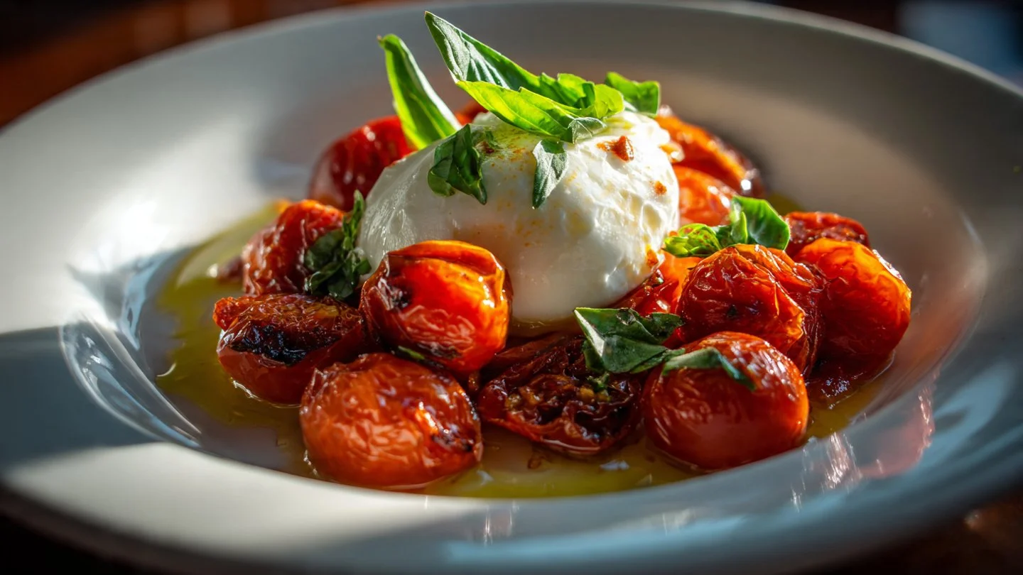 Roasted Tomatoes with Burrata Roasted Tomatoes Delicious roasted tomatoes served with creamy burrata cheese on a plate.