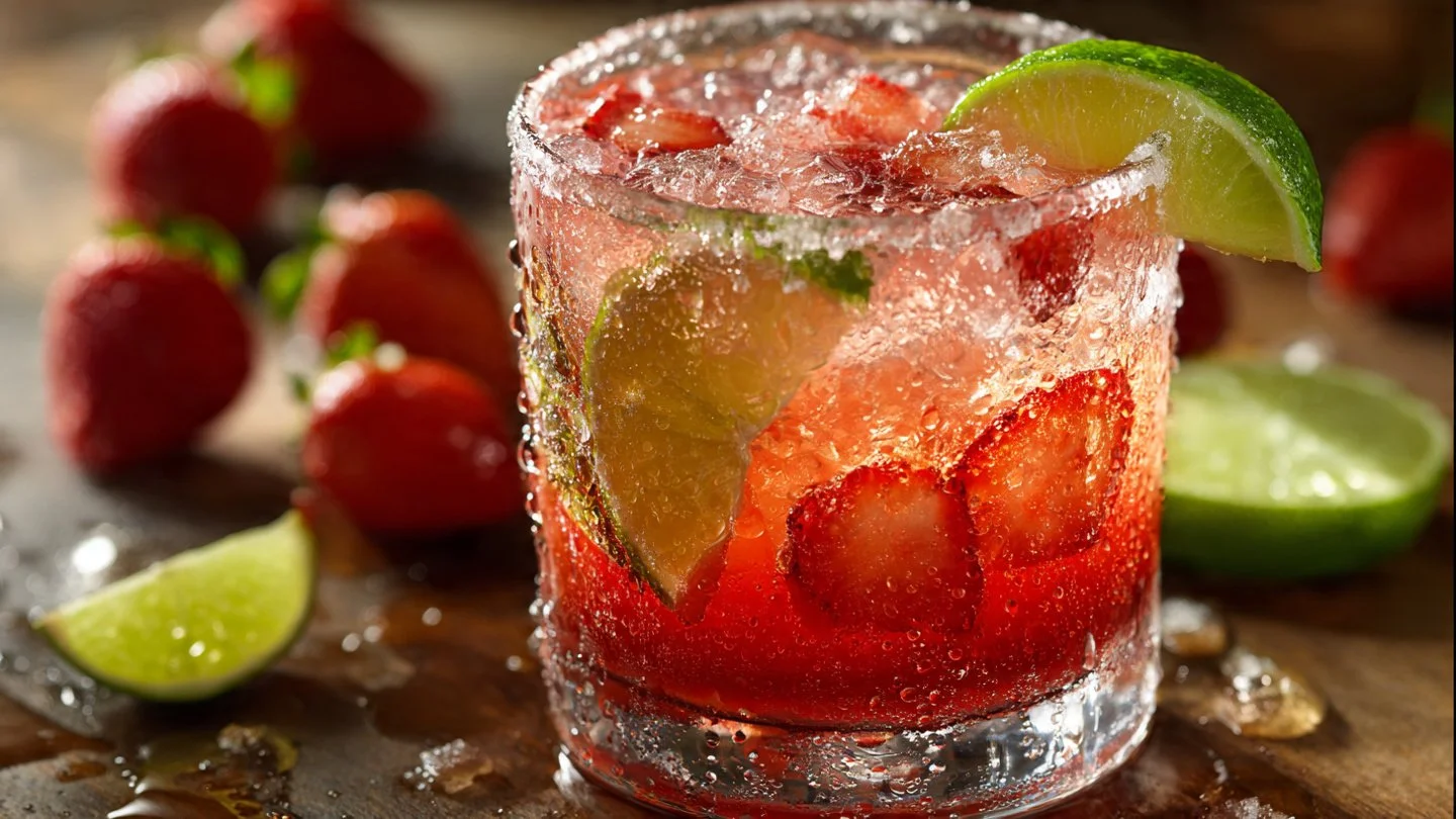 Refreshing Strawberry Lime Mocktail Margarita with fresh strawberries and lime