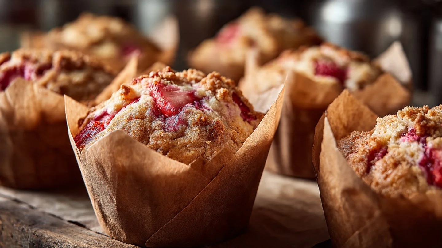 Freshly baked strawberry shortcake muffins with berries on top