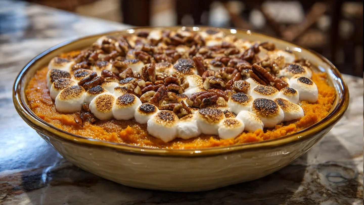 Delicious sweet potato casserole with maple and pecan topping served in a dish