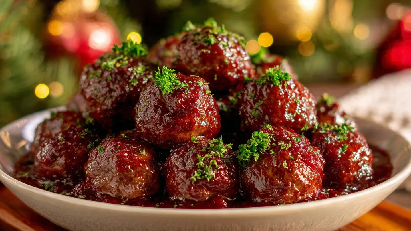 Christmas Cranberry Meatballs Christmas Cranberry Meatballs Christmas Cranberry Meatballs served on a festive holiday platter