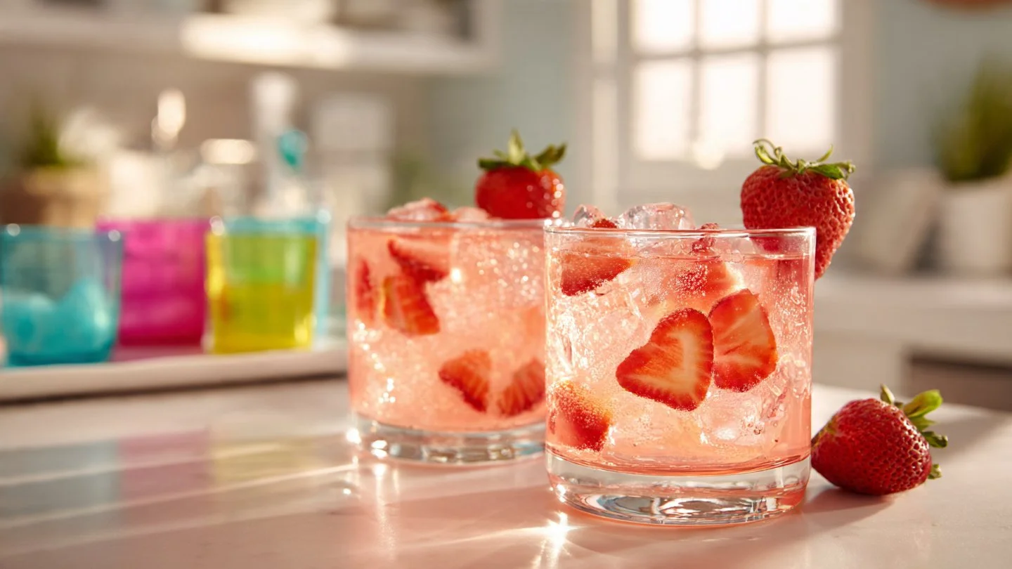 Colorful Valentine's Mocktail in a heart-shaped glass