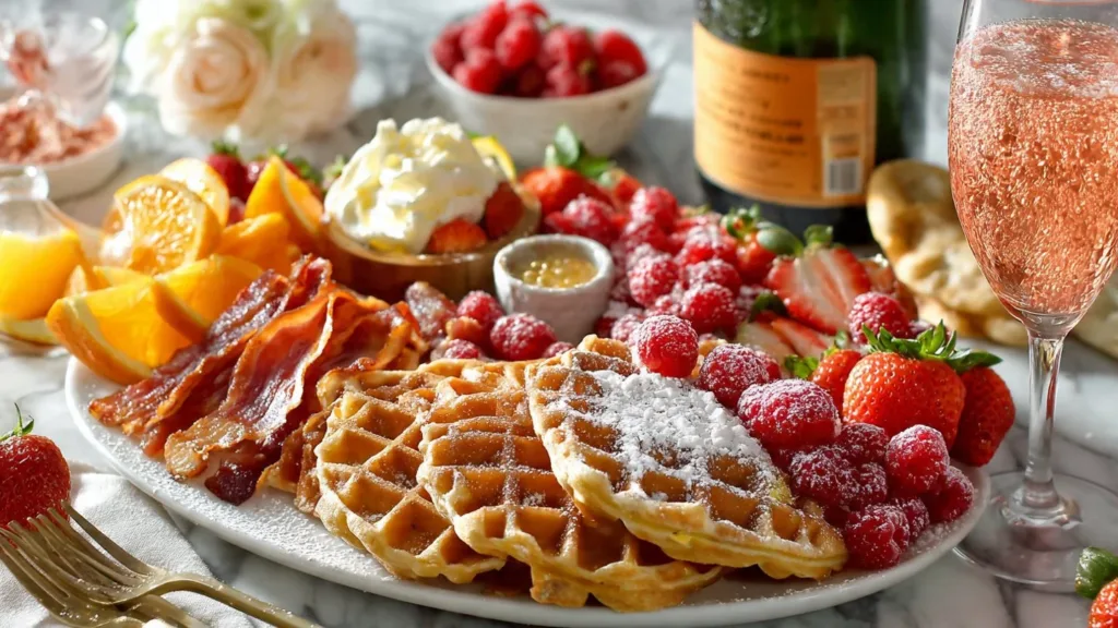 Delicious waffle brunch board with various toppings and fruits.