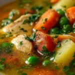 Bowl of anti-inflammatory turmeric chicken soup with herbs and spices