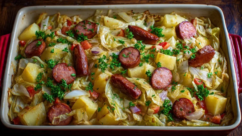 Braised Cabbage With Potatoes And Smoked Sausages