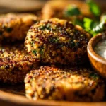 Delicious crunchy quinoa veggie patties served with fresh sides.