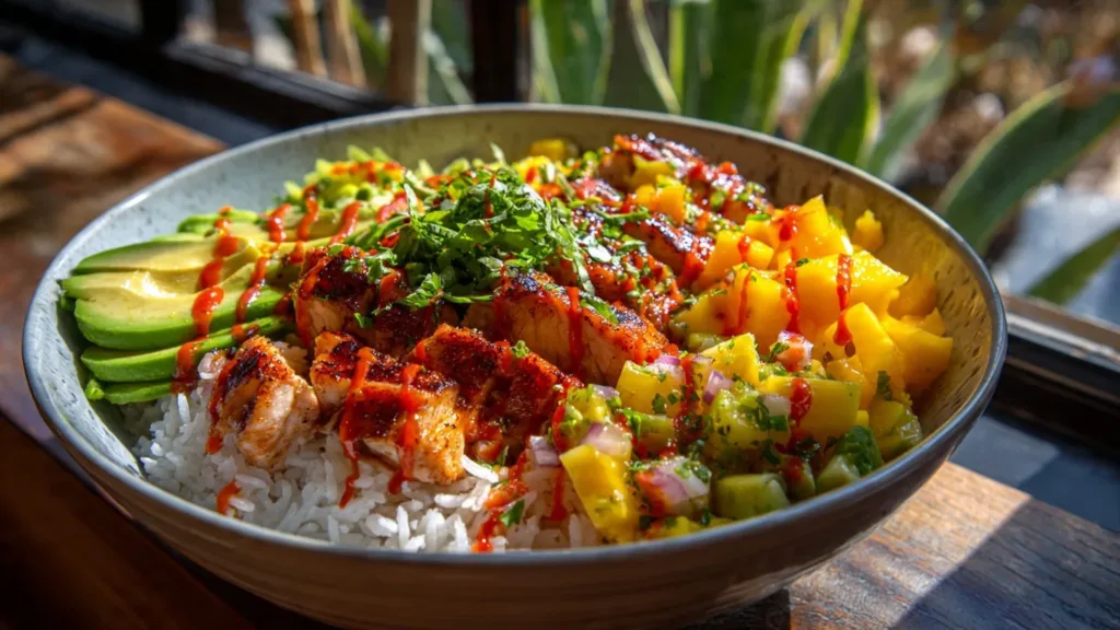 Grilled Maple Sriracha Chicken Bites with Coconut Rice & Mango Avocado Salsa Bowl with Chili Mayo Grilled Chicken Bites Grilled Maple Sriracha Chicken Bites with Coconut Rice & Mango Avocado Salsa Bowl with Chili Mayo