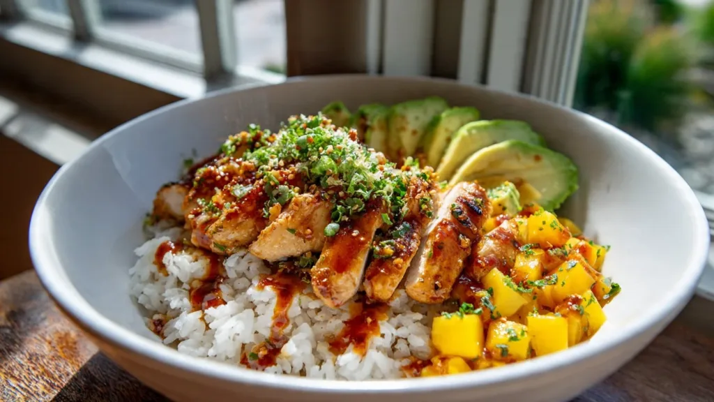 Grilled Maple Sriracha Chicken Bites with Coconut Rice & Mango Avocado Salsa Bowl with Chili Mayo Grilled Chicken Bites Grilled Maple Sriracha Chicken Bites