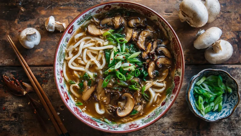 Miso Udon Noodle Soup with Teriyaki Mushrooms
