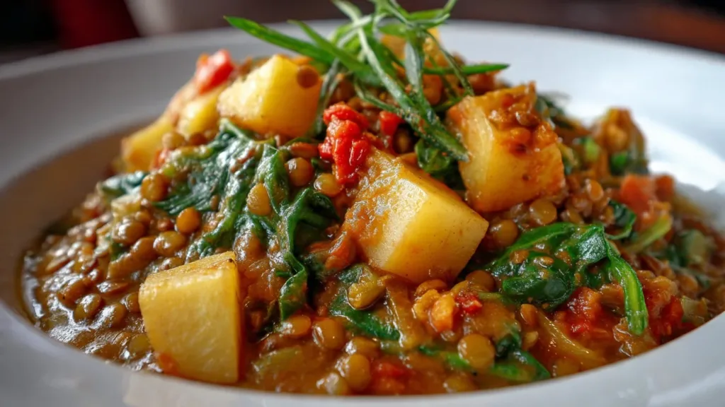 One Pan Creamy Lentils, Japanese Sweet Potatoes, + Kale