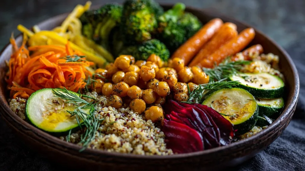 Roasted Veggie Chickpea Bowls with Maple Dijon Tahini Dressing