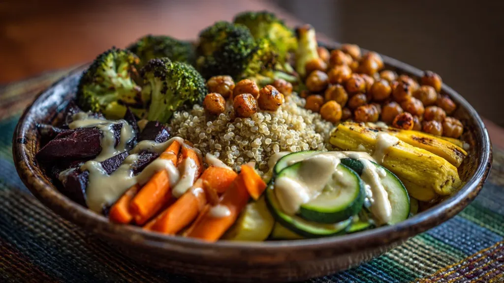 Roasted Veggie Chickpea Bowls with Maple Dijon Tahini Dressing