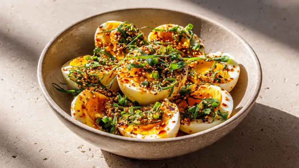 Spicy Chili Garlic Deviled Eggs