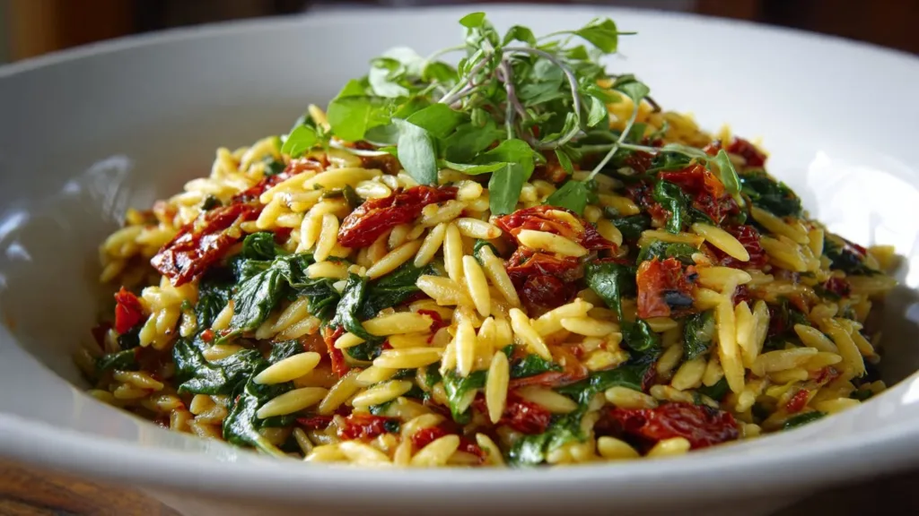 Sun-Dried Tomato Orzo with Spinach, Artichokes, and Capers