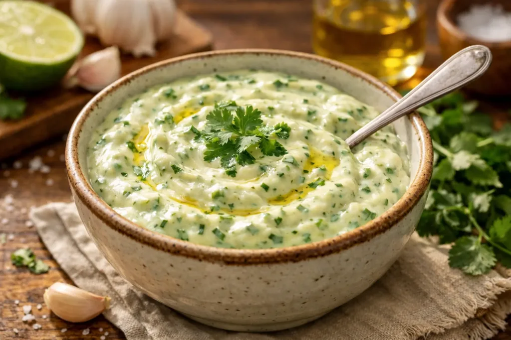 Delicious cilantro garlic cream sauce drizzled over grilled vegetables.