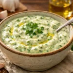 Delicious cilantro garlic cream sauce drizzled over grilled vegetables.