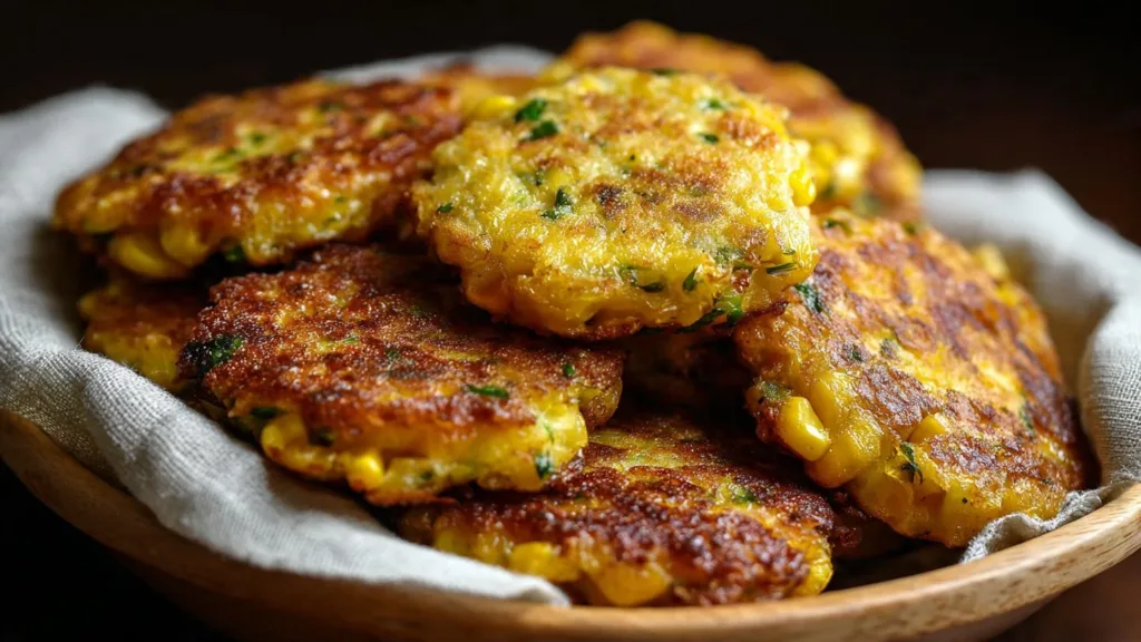 Golden crispy corn fritters served with dipping sauce