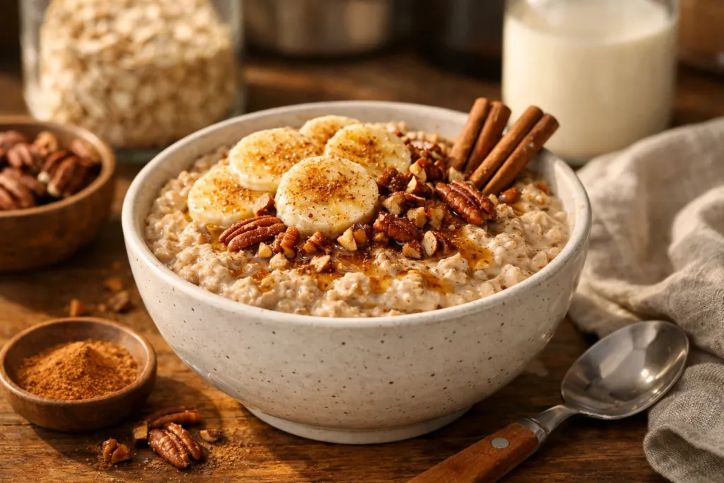 Bowl of creamy cinnamon high-protein overnight oats topped with fruits