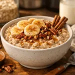 Bowl of creamy cinnamon high-protein overnight oats topped with fruits