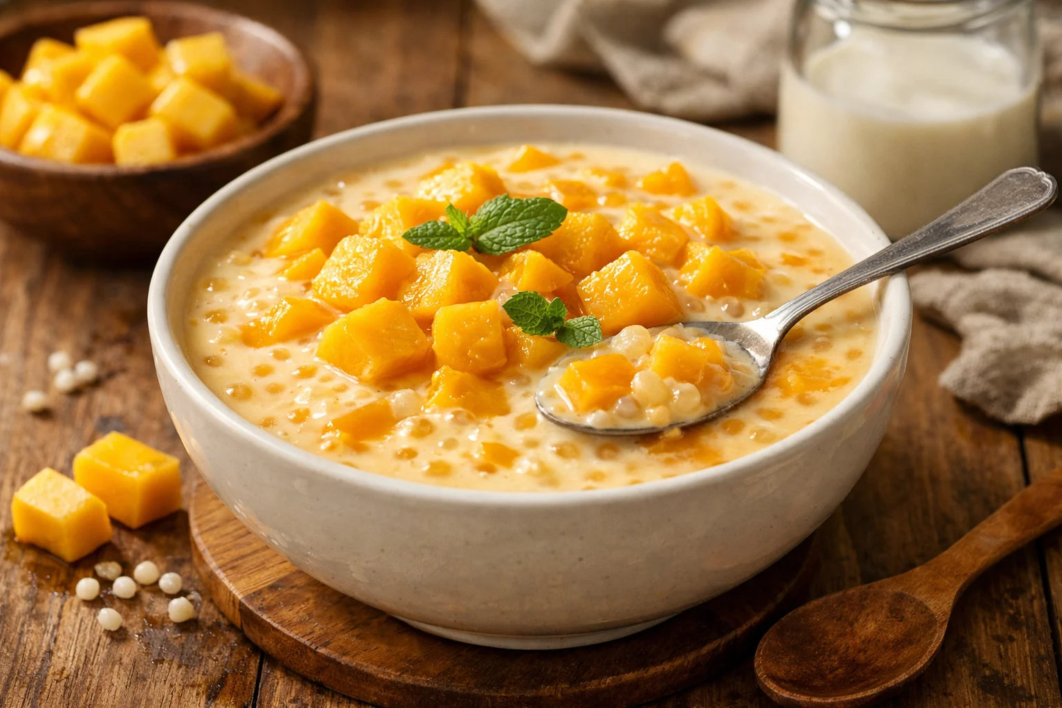 Creamy Mango Sago dessert made with four ingredients