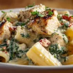 Creamy pesto chicken pasta served in a white bowl garnished with basil