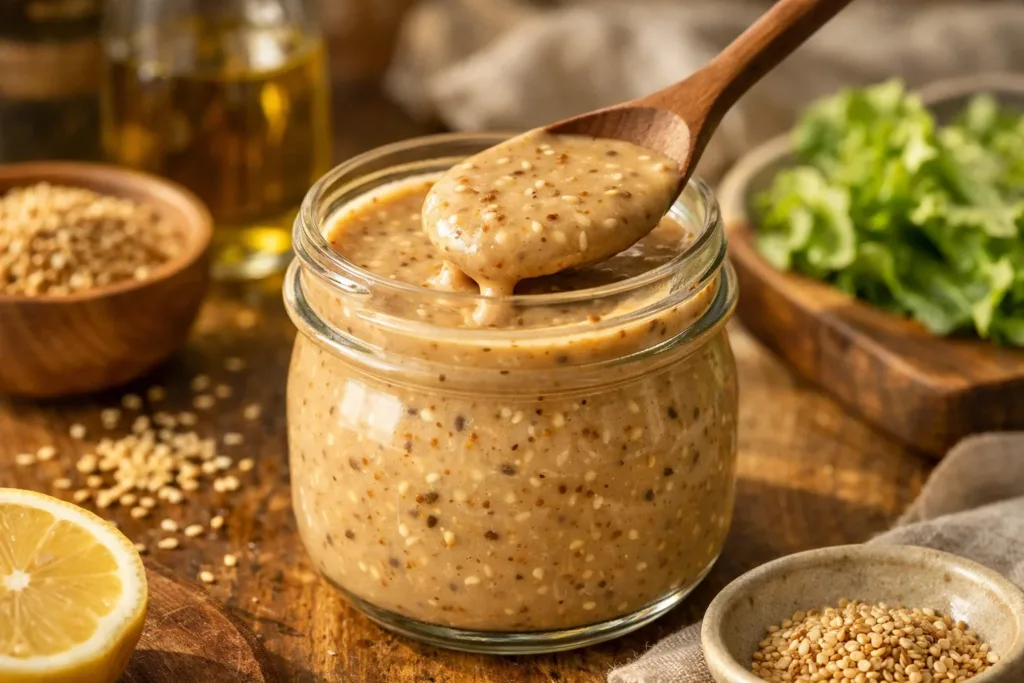 Creamy roasted sesame dressing drizzled over a fresh salad