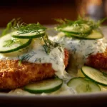 Crispy dill pickle Parmesan chicken served on a plate with garnishes.
