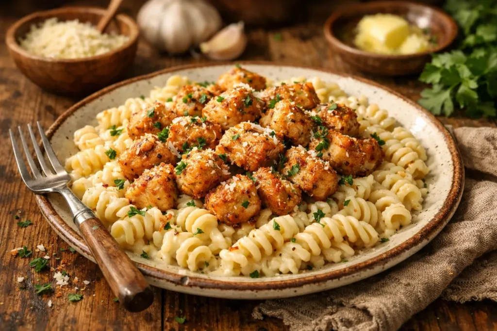 Garlic Parmesan Chicken Bites with Creamy Rotini