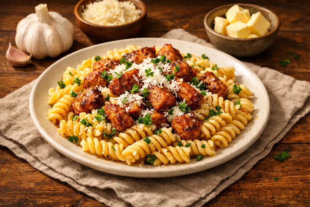 Garlic Parmesan Chicken Bites with Creamy Rotini