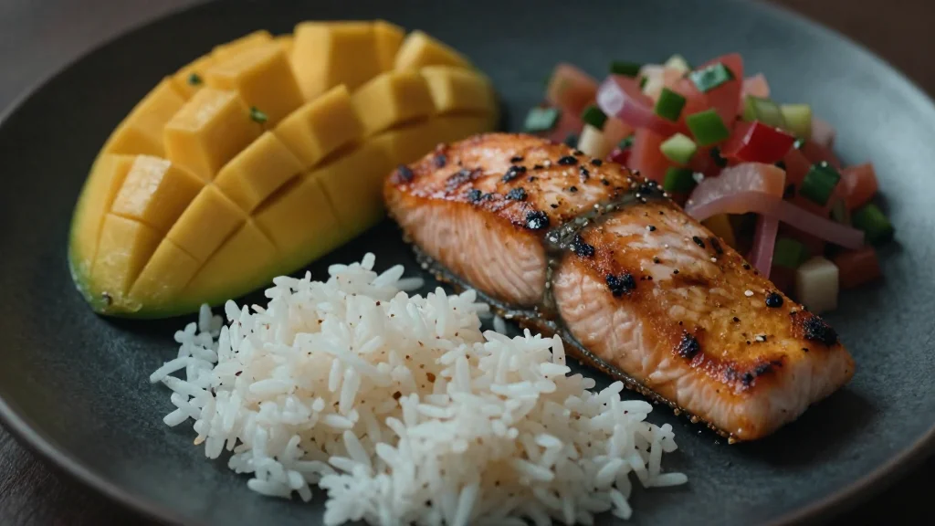 Grilled Salmon with Mango Salsa & Coconut Rice