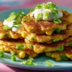 Plate of deliciously golden Pea & Sweetcorn Fritters garnished with herbs.