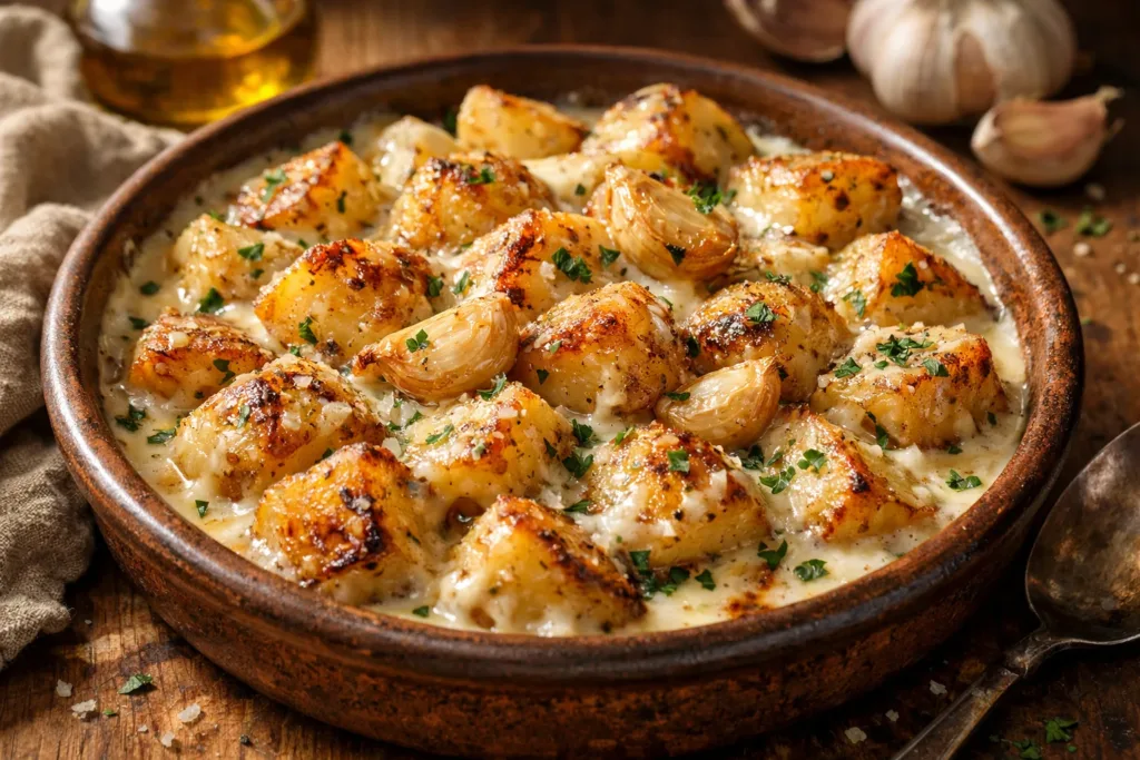 Roasted Garlic Potatoes in Cream Sauce
