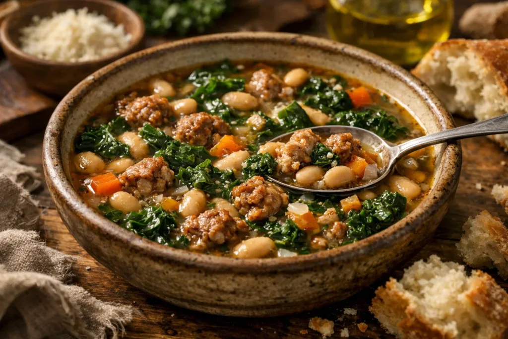 Rustic Tuscan-Style Sausage, White Bean, and Kale Soup