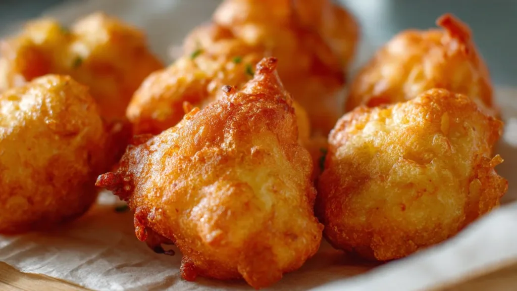 Delicious skillet corn fritters served on a plate with dipping sauce
