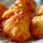 Delicious skillet corn fritters served on a plate with dipping sauce