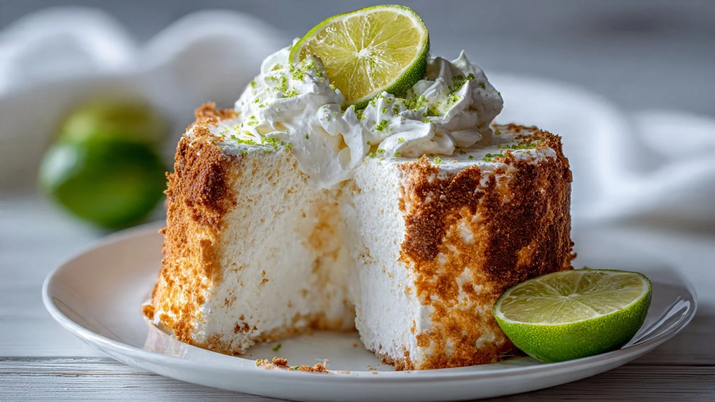 Delicious slice of key lime angel food cake topped with whipped cream and lime zest.