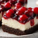 Delicious Black Forest Cheesecake Bars topped with chocolate and cherries